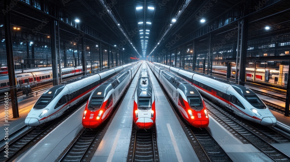 A panoramic view of multiple high-speed trains lined up at a large, modern depot, ready for their next journey. A panoramic view of multiple high-speed trains lined up at a large, modern depot, ready for their next journey.