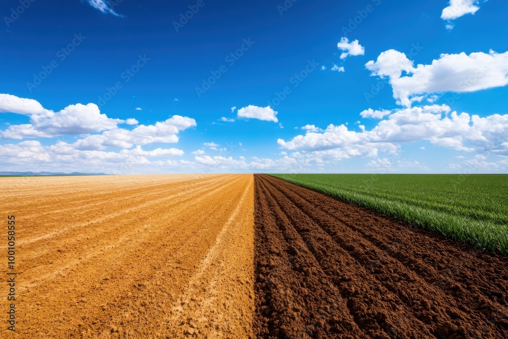 A striking contrast between dry and lush farmland under a bright blue sky with scattered clouds. A striking contrast between dry and lush farmland under a bright blue sky with scattered clouds.