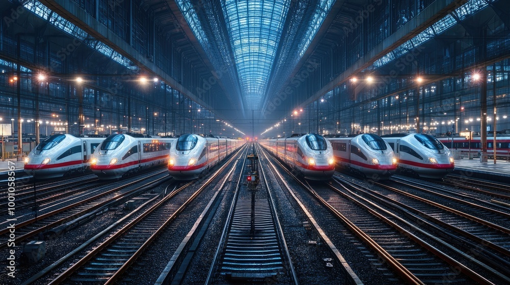 A panoramic view of multiple high-speed trains lined up at a large, modern depot, ready for their next journey. A panoramic view of multiple high-speed trains lined up at a large, modern depot, ready for their next journey.