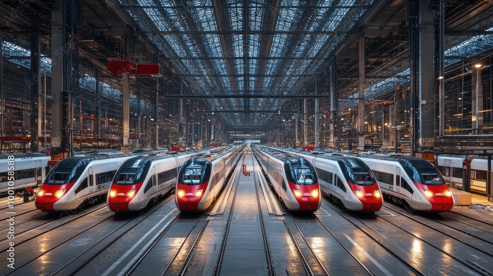 A panoramic view of multiple high-speed trains lined up at a large, modern depot, ready for their next journey. A panoramic view of multiple high-speed trains lined up at a large, modern depot, ready for their next journey.