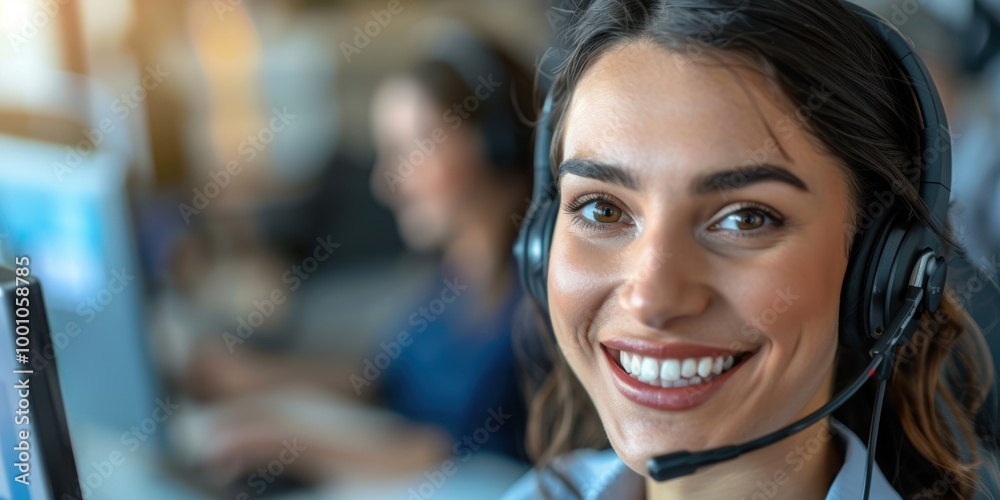 Smiling woman at a call center with a headset, providing customer support and service in an office environment, ready to assist with online inquiries Smiling woman at a call center with a headset, providing customer support and service in an office environment, ready to assist with online inquiries