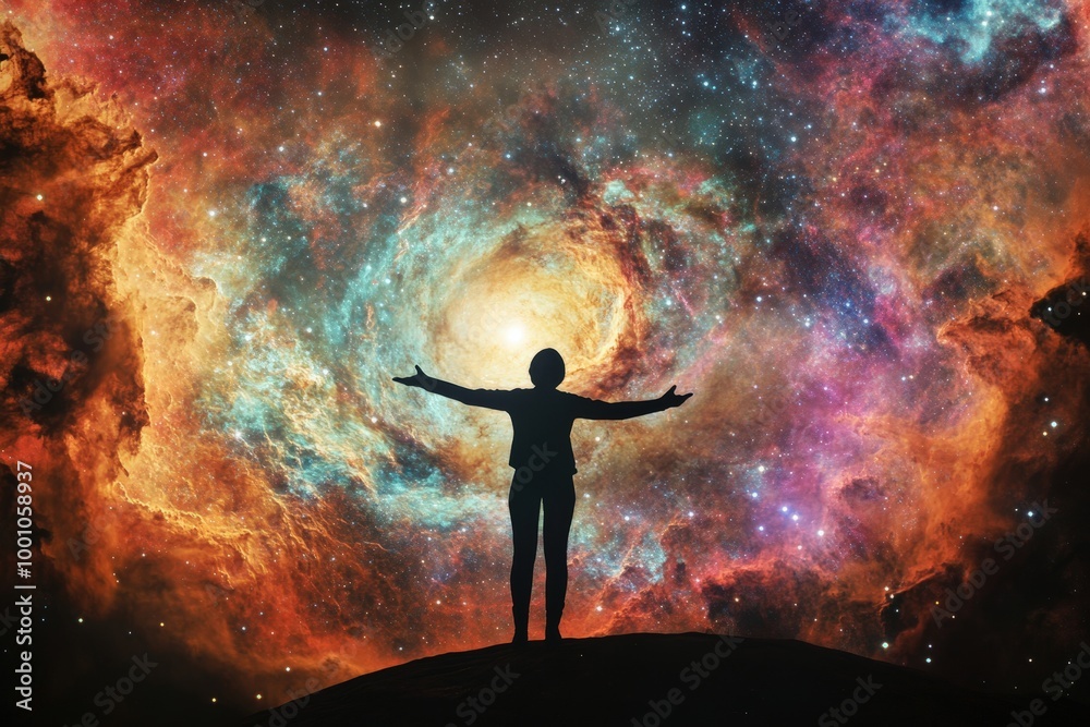 Naklejka premium silhouette of person with arms outstretched against colorful cosmic background