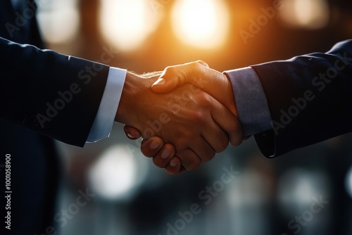 Close-up of two hands shaking in a professional business environment, symbolizing agreement and partnership.