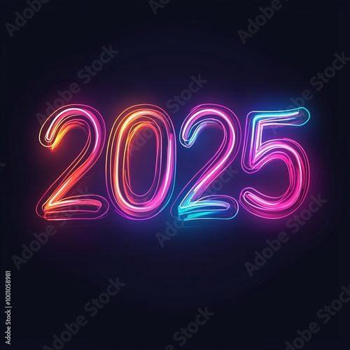 Happy New Year 2025 glowing neon sign on dark background