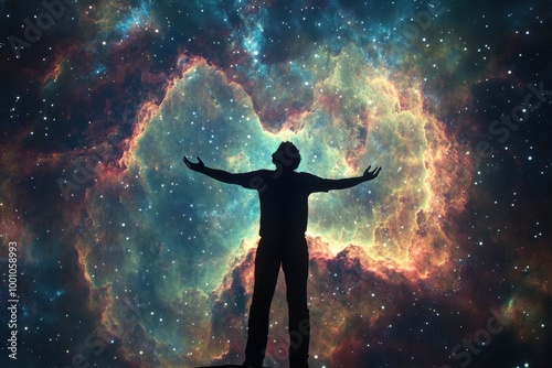 Wallpaper Mural silhouette of person with arms raised against colorful cosmic background Torontodigital.ca