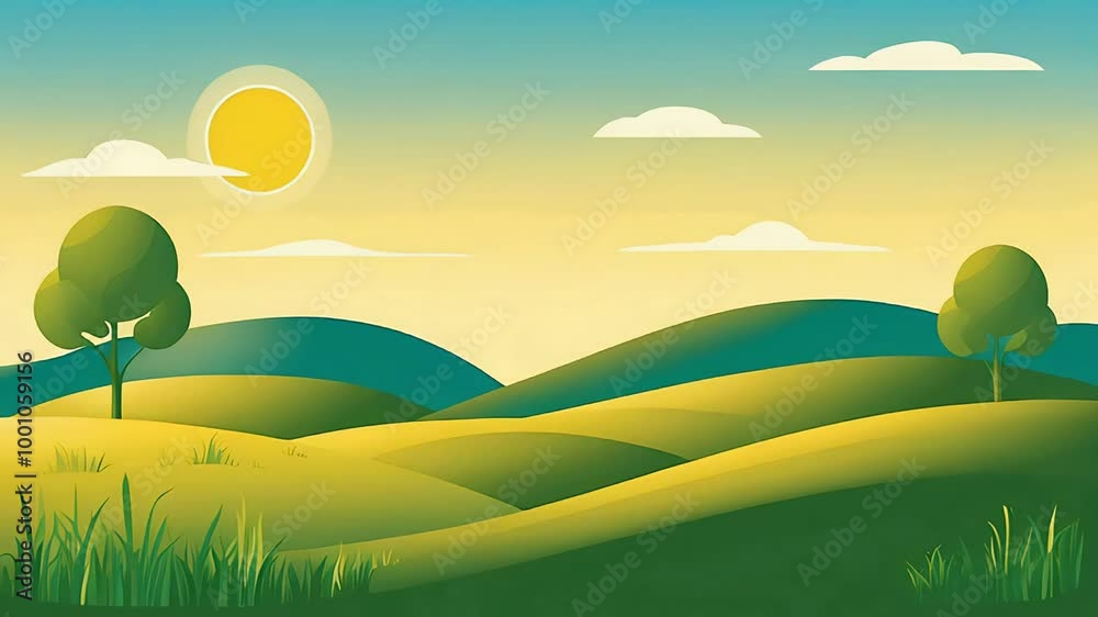 Tranquil Golden Hour Meadow with Gentle Hills - Flat Vector Illustration for Business Presentations, Calm Clean Background on Isolated White