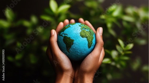 Hands holding a small globe surrounded by green leaves, symbolizing environmental care and sustainability.