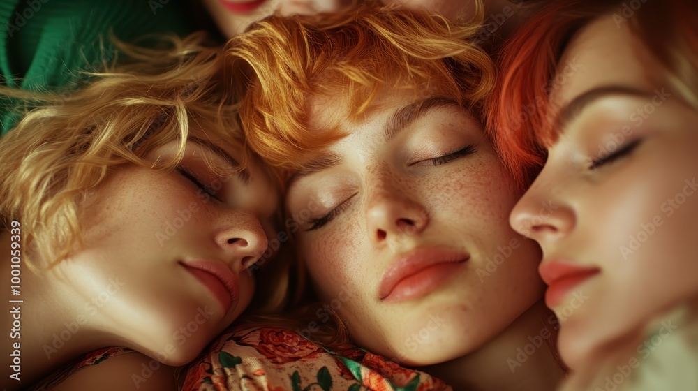 Three women with diverse hairstyles rest closely together, showcasing individuality and harmonious coexistence, captured in an artistic blend of colors and textures. Three women with diverse hairstyles rest closely together, showcasing individuality and harmonious coexistence, captured in an artistic blend of colors and textures.