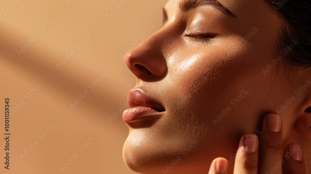 Womans facial profile and skin showcased in a studio setting for skincare or makeup. Aesthetic model demonstrating natural self-care and radiant results against a neutral backdrop Womans facial profile and skin showcased in a studio setting for skincare or makeup. Aesthetic model demonstrating natural self-care and radiant results against a neutral backdrop