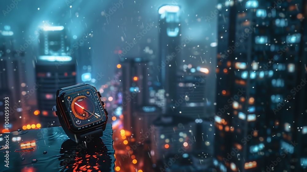 A smartwatch that glows at night in the gloomy city skyline A smartwatch that glows at night in the gloomy city skyline