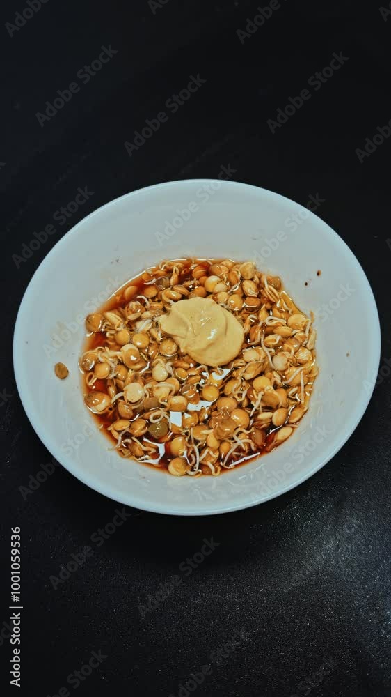 Adding Tahini to Sprouted Lentils in a Bowl Adding Tahini to Sprouted Lentils in a Bowl