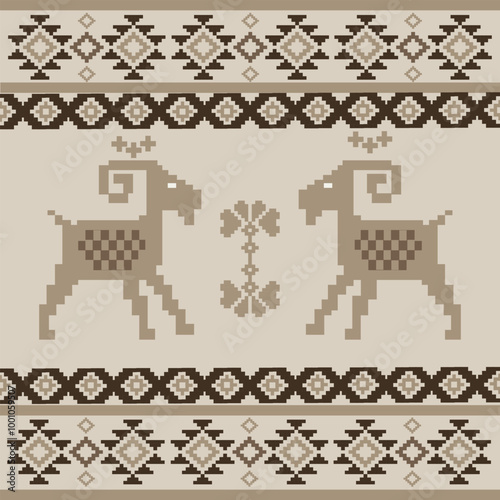 Pixelated Southwestern Textile with Brown Geometric Borders and  Animal