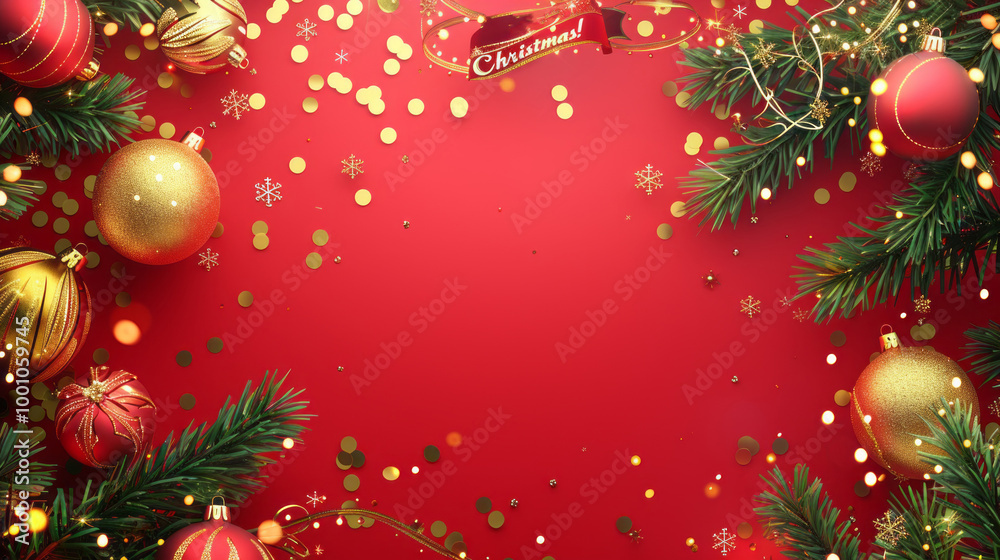 A red background with gold and red ornaments and a Christmas banner A red background with gold and red ornaments and a Christmas banner
