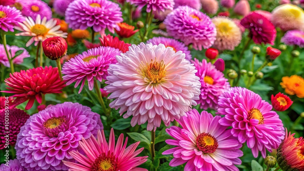 Fototapeta premium In a peaceful meadow, cascading vibrant pink chrysanthemums and aster flowers paint a stunning autumn landscape,