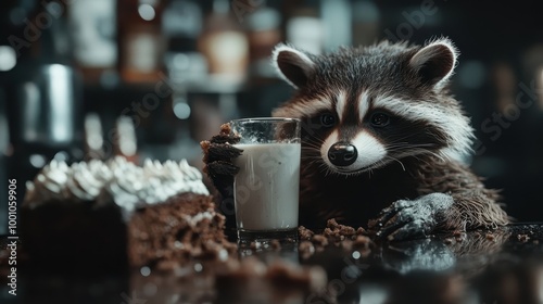 A cute raccoon delightedly enjoying a glass of milk along with a piece of chocolate cake, set against an ambient bar background filled with various bottles. photo