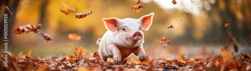 Playful Piglet in Autumn Leaves photo