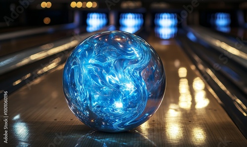 A blue bowling ball on a wooden lane.