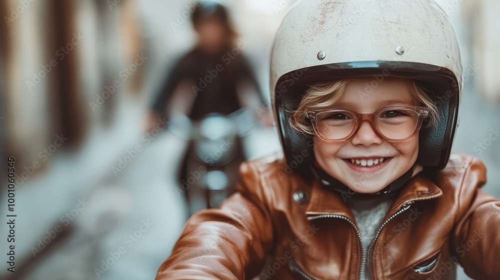 A cheerful young child with glasses and a white helmet enjoys a ride on a bicycle in a city street, capturing the innocence and joy of outdoor adventures. A cheerful young child with glasses and a white helmet enjoys a ride on a bicycle in a city street, capturing the innocence and joy of outdoor adventures.