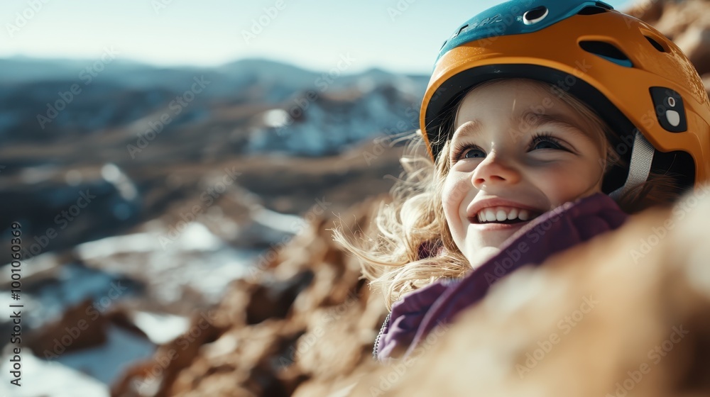 A young child with a bright, happy expression wears a climbing helmet, capturing the joy and wonder of exploring nature and the spirit of adventure. A young child with a bright, happy expression wears a climbing helmet, capturing the joy and wonder of exploring nature and the spirit of adventure.