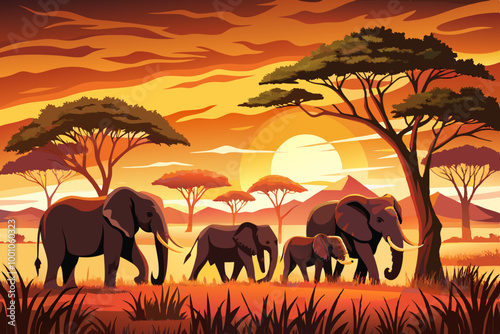 elephants at sunset