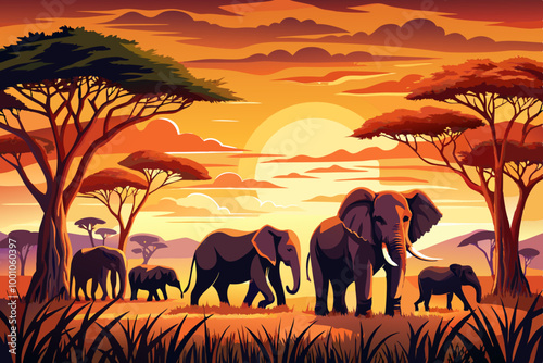 elephants at sunset