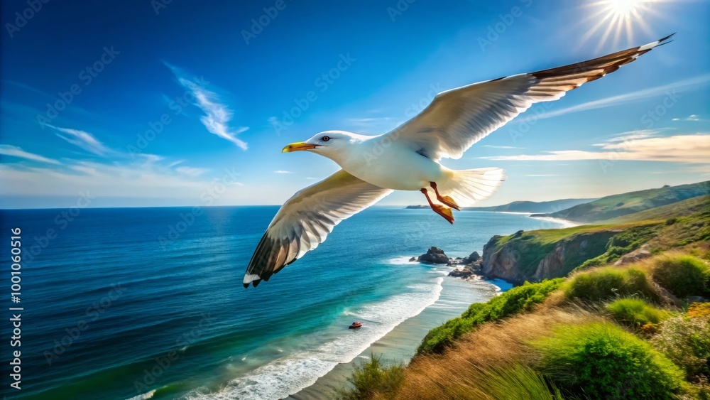 Fototapeta premium In a tranquil coastal setting, a magnificent seagull soars effortlessly above the serene sea, framed by a clear