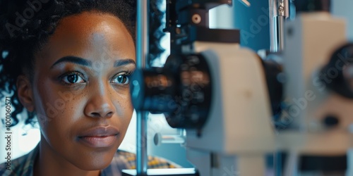 Vision assessment equipment and a healthcare professional with a tablet for examining eyesight during an optical consultation focused on eye health and assessments