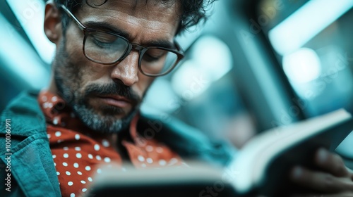An individual is engrossed in a book while traveling on a train, epitomizing modern transportation and daily commute. The softly blurred background emphasizes concentration. photo