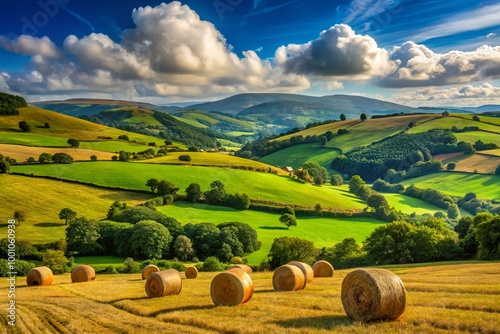 Expansive Welsh countryside features golden hay bales beneath a brilliant blue sky, surrounded by rolling green hills