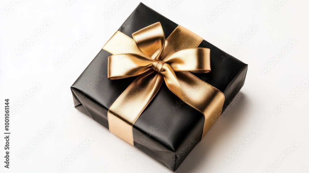 Luxuriously wrapped New Year gift in black and gold paper, with a satin ribbon bow, isolated on white background. Luxuriously wrapped New Year gift in black and gold paper, with a satin ribbon bow, isolated on white background.