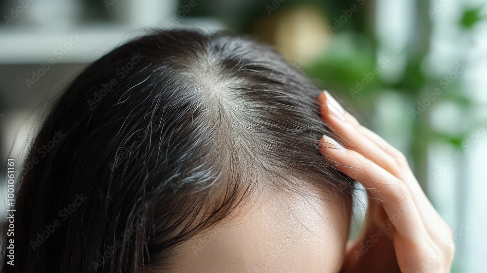 Fototapeta premium Close-Up of Woman's Hand Touching Her Head