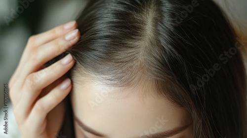 Woman Touching Head with Hair in Close-Up Shot