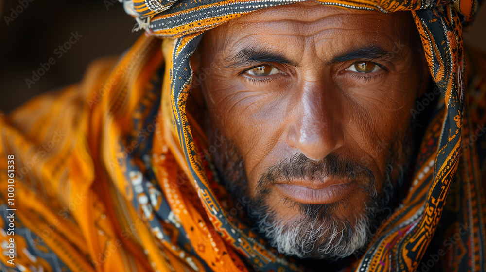 Close-Up of Man in Traditional Cultural Attire with Intricate Patterns Close-Up of Man in Traditional Cultural Attire with Intricate Patterns