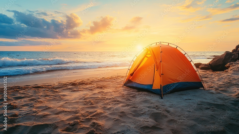 A bright camping tent on a sandy beach, with waves crashing in the distance and a sunset casting golden light across the water. A bright camping tent on a sandy beach, with waves crashing in the distance and a sunset casting golden light across the water.