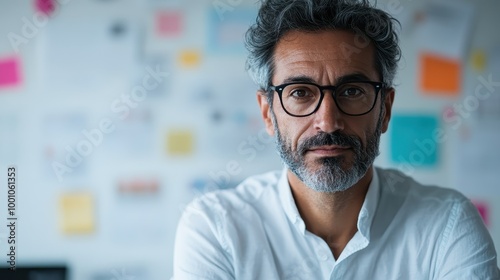 A composed man in glasses stands amidst a backdrop of colorful notes and posters, symbolizing creativity, intellect, and a thoughtful professional environment.