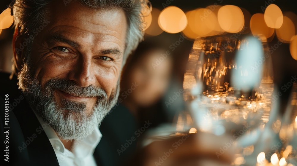 A charming man dressed elegantly raises a glass in cheer at an upscale dinner gathering, surrounded by an ambiance of soft, ambient lighting and sophistication. A charming man dressed elegantly raises a glass in cheer at an upscale dinner gathering, surrounded by an ambiance of soft, ambient lighting and sophistication.