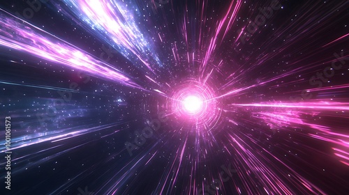  Neon speed rays abstract background. A burst of pink light energy. The movement of luminous purple rays in space. 