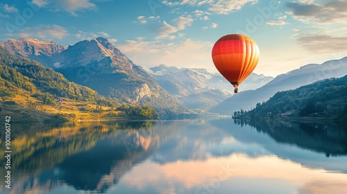 Hot Air Balloon Over Mountain Lake