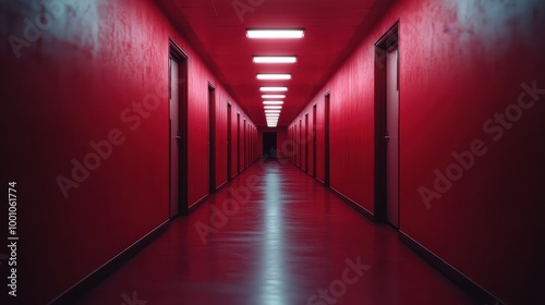 A visually striking, long red hallway with numerous doors on either side and illuminated by overhead lights, creating a mysterious and surreal atmosphere.