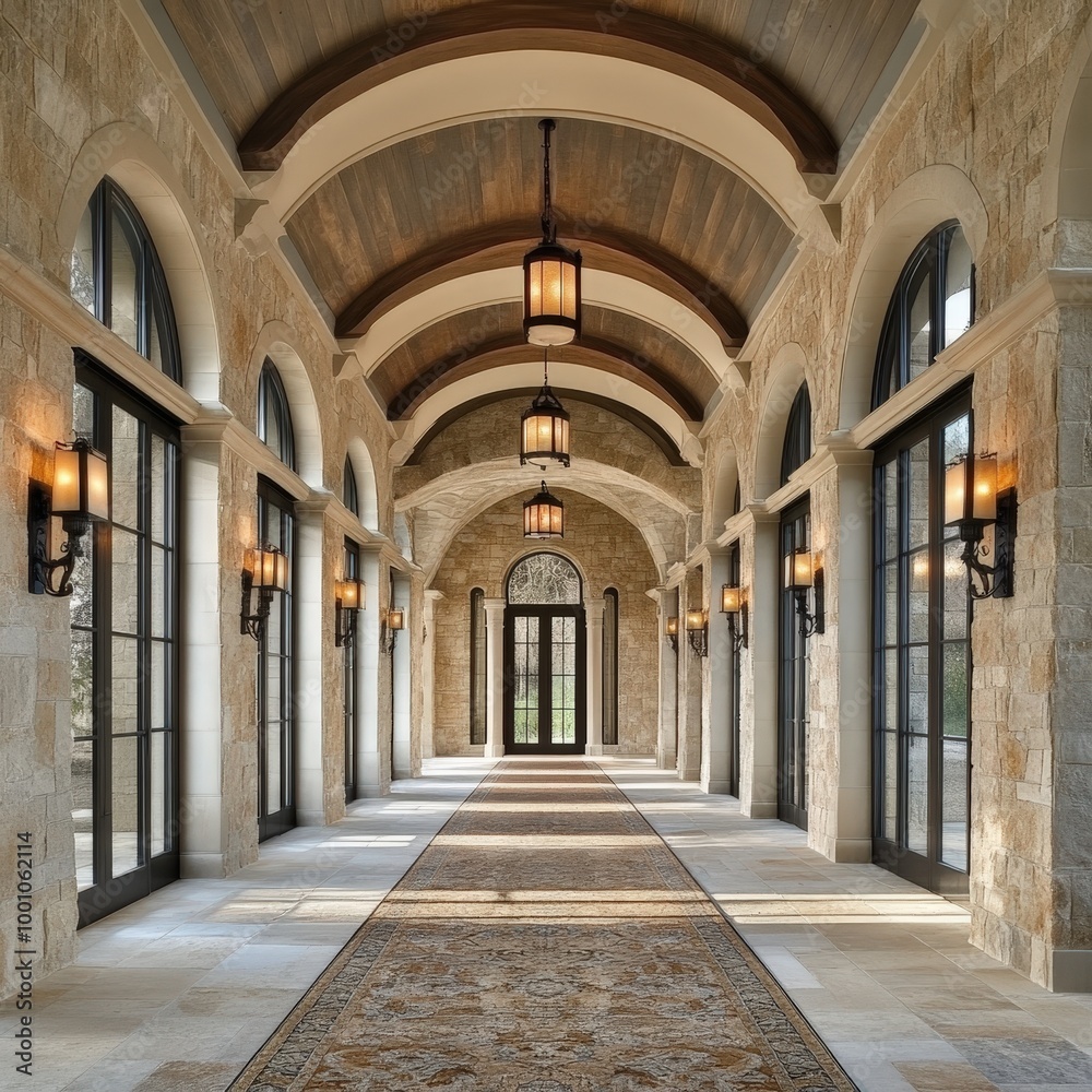 grand arched hallway with stone walls and wooden beams grand arched hallway with stone walls and wooden beams