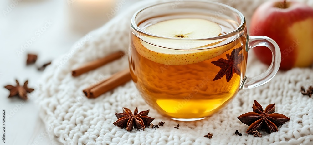 A glass mug of apple cider with cinnamon sticks, star anise, and apple slices on a cozy knitted blanket.