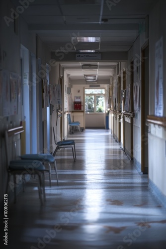 A dimly lit hospital corridor with chairs and natural light filtering through the windows.