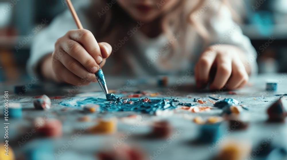 A close-up view of a child painting with a brush, using vivid colors on a table covered in art supplies, highlighting creativity, concentration, and the joy of artistic expression. A close-up view of a child painting with a brush, using vivid colors on a table covered in art supplies, highlighting creativity, concentration, and the joy of artistic expression.