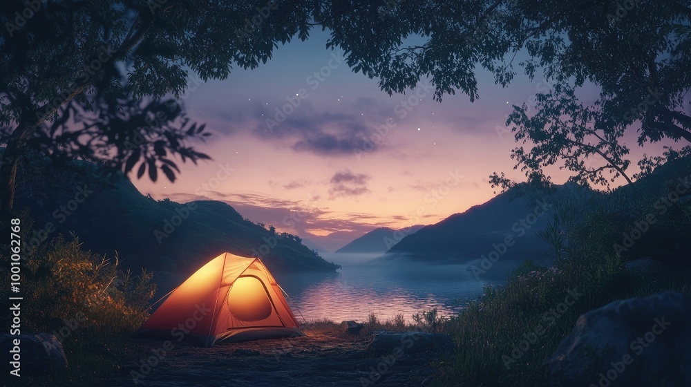 A cozy camping tent illuminated by soft light, set against a serene mountain landscape at sunrise, creating a peaceful outdoor atmosphere. A cozy camping tent illuminated by soft light, set against a serene mountain landscape at sunrise, creating a peaceful outdoor atmosphere.