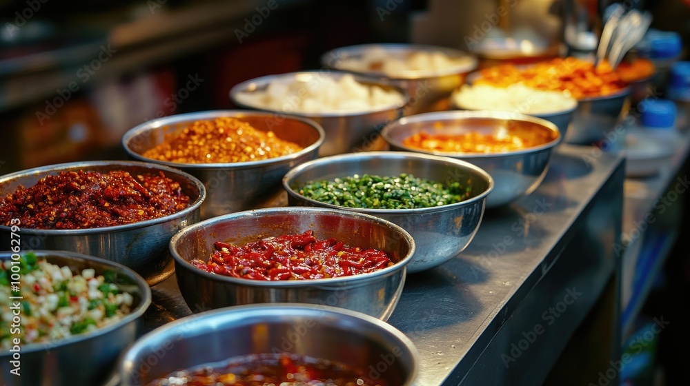 A street food stall displaying various chili condiments in small bowls, with crushed chilies, chili paste, and soy sauce, ready for customers to add to their meals. A street food stall displaying various chili condiments in small bowls, with crushed chilies, chili paste, and soy sauce, ready for customers to add to their meals.