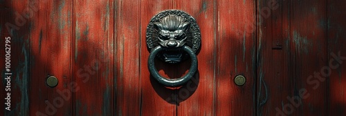 Ornate door knocker on rustic wooden door