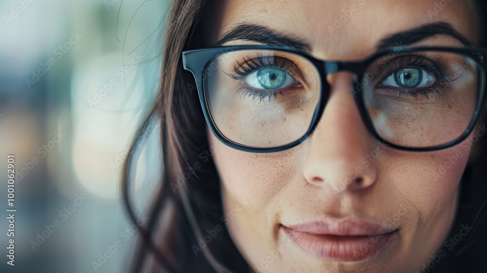 Close-up of a womans eye behind glasses, indicating an optometry visit and vision testing. Young patient with brown eyes focused on eye examination Close-up of a womans eye behind glasses, indicating an optometry visit and vision testing. Young patient with brown eyes focused on eye examination