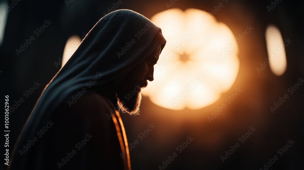 A mysterious hooded figure standing in profile against a dark background with a warm, glowing light behind them, casting an ethereal ambiance with strong contrast and illumination. A mysterious hooded figure standing in profile against a dark background with a warm, glowing light behind them, casting an ethereal ambiance with strong contrast and illumination.