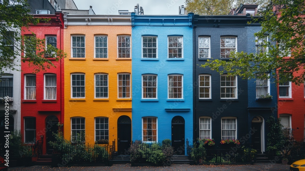 Colorful Row of Houses in Urban Setting Colorful Row of Houses in Urban Setting
