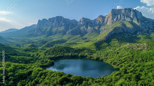 Mountain lake with forest reflection and scenic peaks 